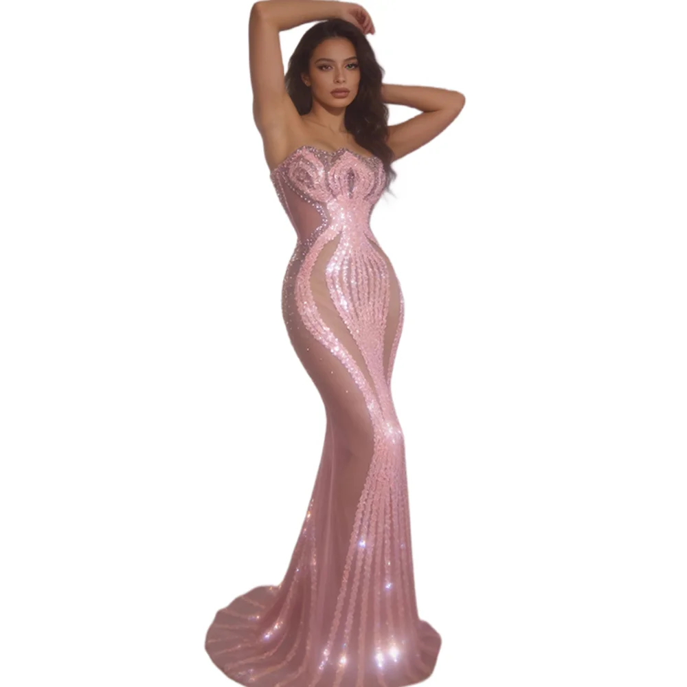 

Pink Strapless Sequin Crystal Evening Banquet Long Mermaid Dress Women Dinner Gown Wedding Prom Trumpet Dress Festival Outfit
