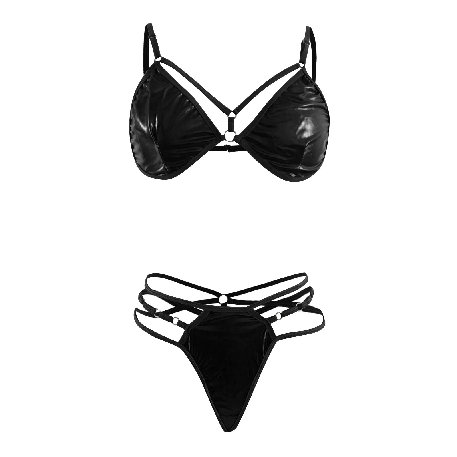 Wetlook Latex Leather Women Sexy Lingeries 2pcs Bandage Metal Buckles Push Up Micro Bra And Panty Sets Clubwear Underwear - Image 4
