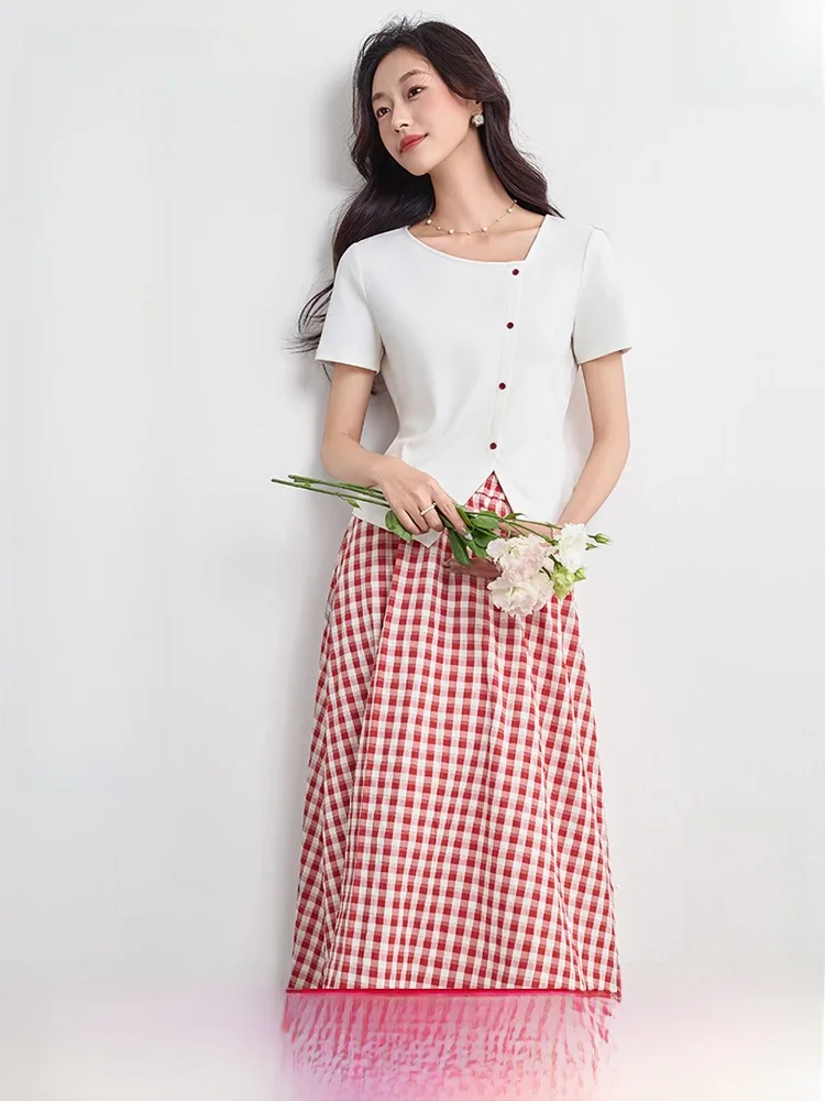 

Commute Set Women's Short Sleeve T-shirt A-line Skirt Checkered Asymmetrical Hem Commute Fashion Ensemble Spring Summer