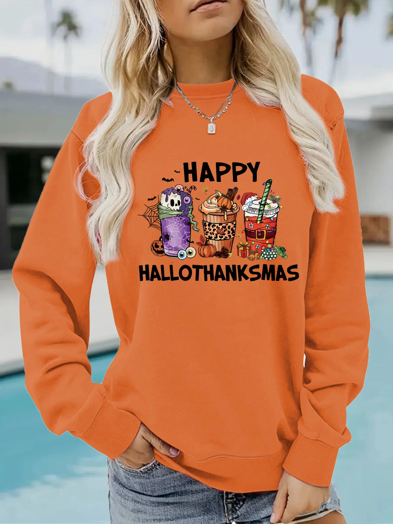 BKLD Autumn And Winter Long Sleeve Tops Round Neck Fashion HAPPY HALLOTHANKSMAS Printed Pullover Sweatshirt Women Clothing
