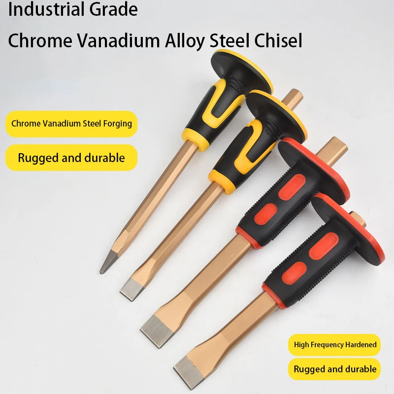 Flat Head Pointed Chisel Stonemason Chisel with Hand Guard, Carving Knife Tungsten Alloy Steel Stone Breaking Hand Tools