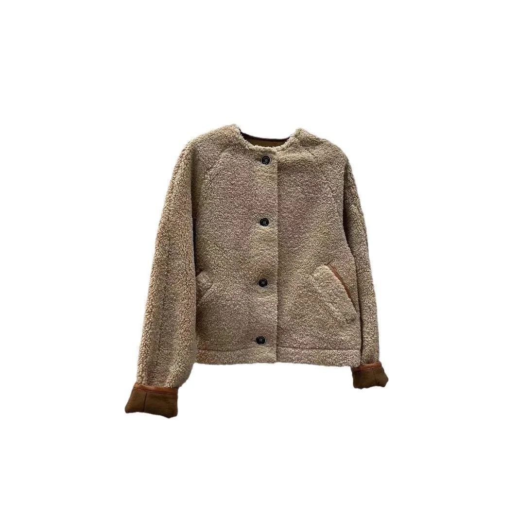 Giacca Classica in Pelle di Cammello con Rifiniture, Capospalla Ampio per Autunno e Inverno, Nuovo Stile Francese Elegante con Pelliccia d'Agnello
