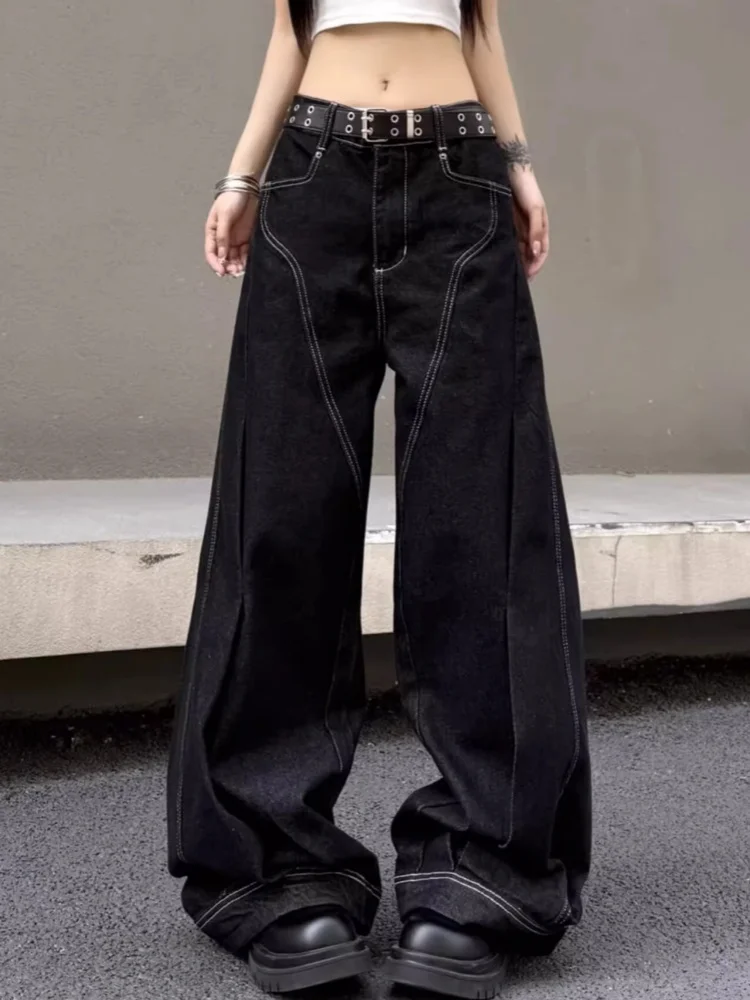 

Уличная одежда Cyber Y2K, черные лоскутные плиссированные мешковатые новые джинсы, брюки для женщин, одежда, широкие женские брюки Pantalon Femme