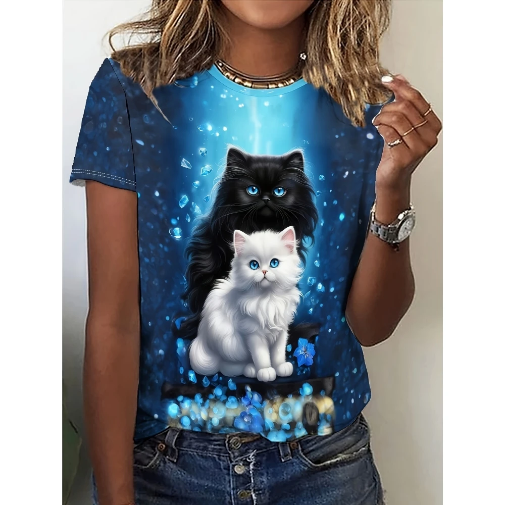 Camiseta feminina de manga curta com decote em O, moda diária, roupa casual, estampa 3D, verão