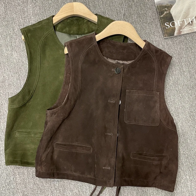 

Женский жилет из натуральной замши в стиле ретро «Old Money» для весны и осени, зеленый/кофейный/карамельный, повседневный, без рукавов