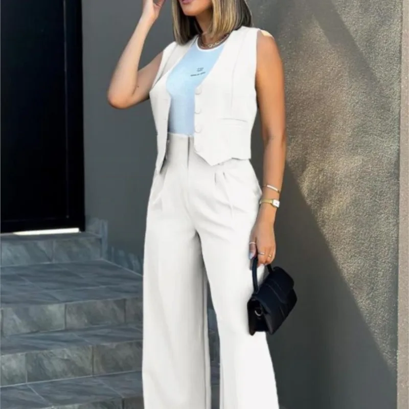 Women\'s Casual Waistcoat Wide Leg Pants Suit Elegant Sleeveless Vest Trousers 2 Pieces Set Solid Color Commuter Lady Pants Set