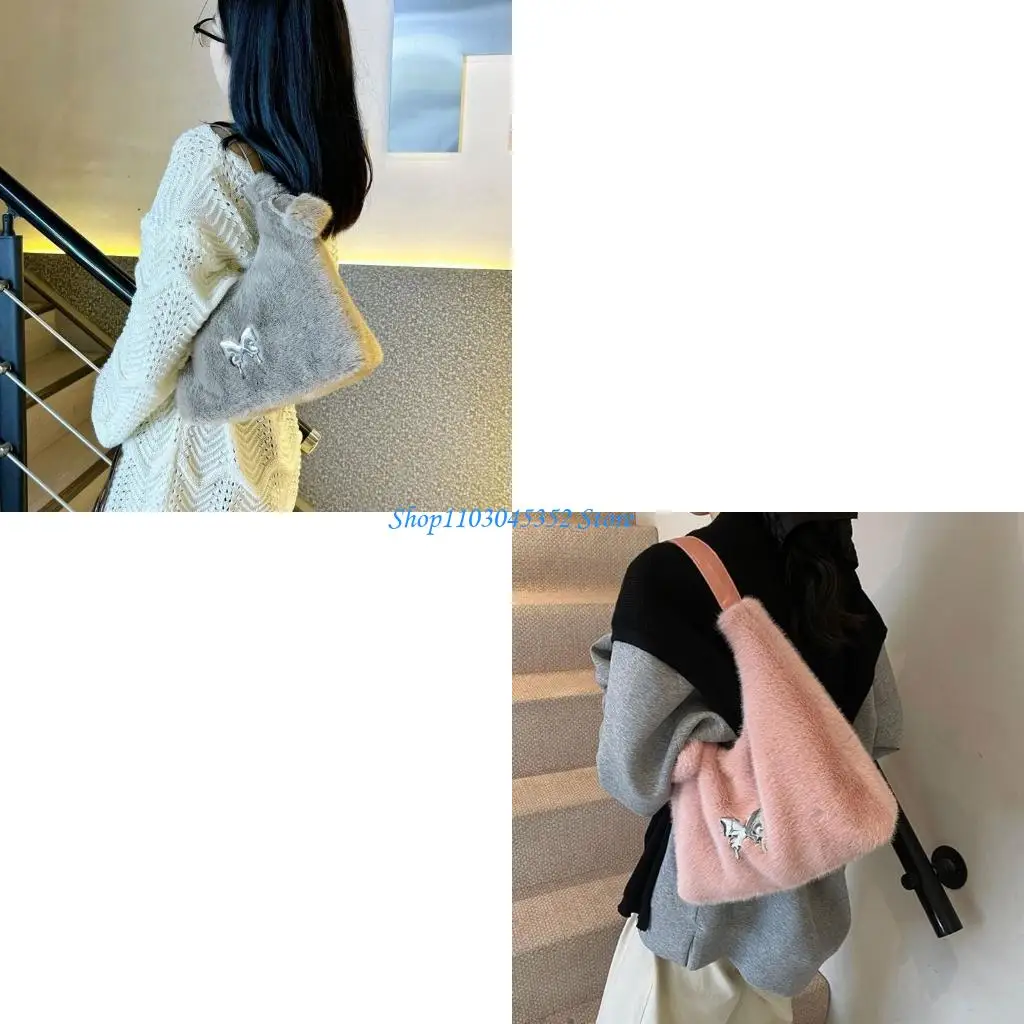 

Fashionable Plush Fuzzy Purses For Women Furry Underarm Bag With Butterfly Decors Zippered Closure And Spacious Interior