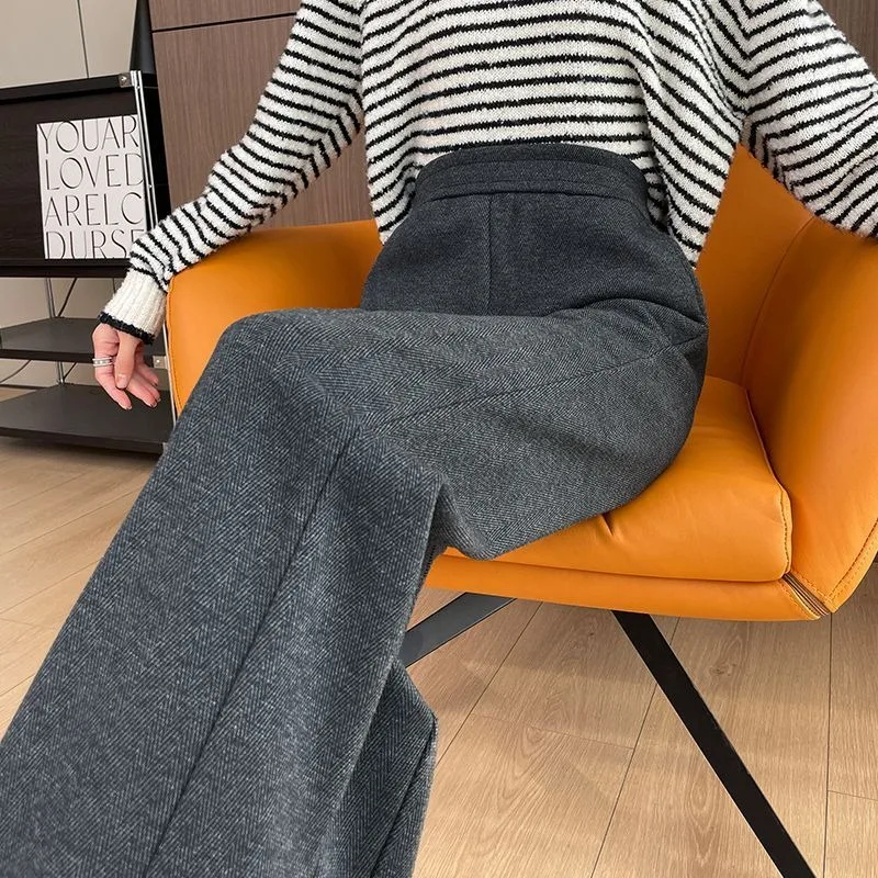 Women Petite High Waist Herringbone Wool Wide Leg Pants Fleece Lined Draped Straight Winter Trousers Korean Style