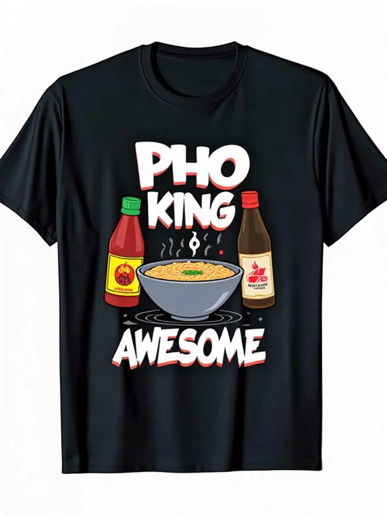 Divertida camiseta gráfica vietnamita Pho King con diseño de cuenco de fideos vietnamita con etiqueta de salsa de chile, parte superior negra con estampado de letras rojas y blancas, ropa informal para entusiastas de la comida vietnamita, interesante camisa de cocina asiática, regalo para hombres