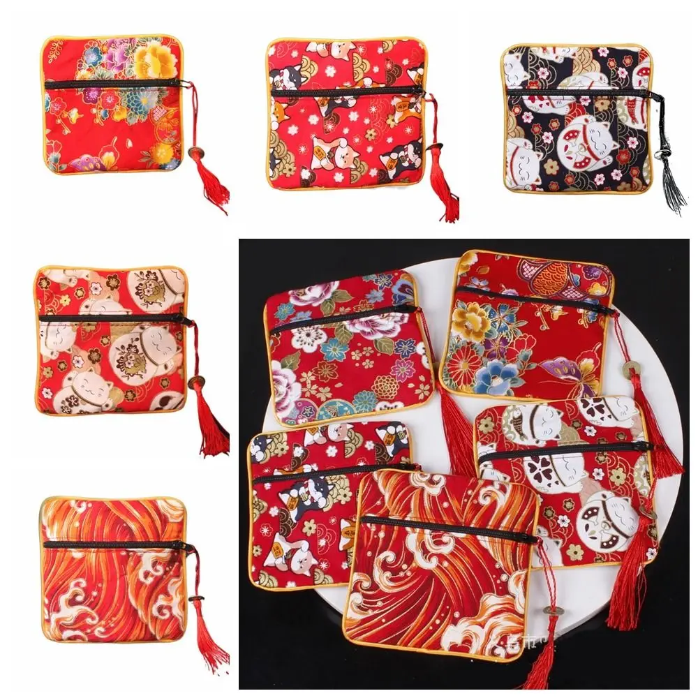 

Тканевый чехол для монет в китайском стиле с кисточкой Maneki Neko, тканевый кошелек, органайзер для ювелирных изделий, ожерелья, чехол для хранения ювелирных изделий, сумка для девочек