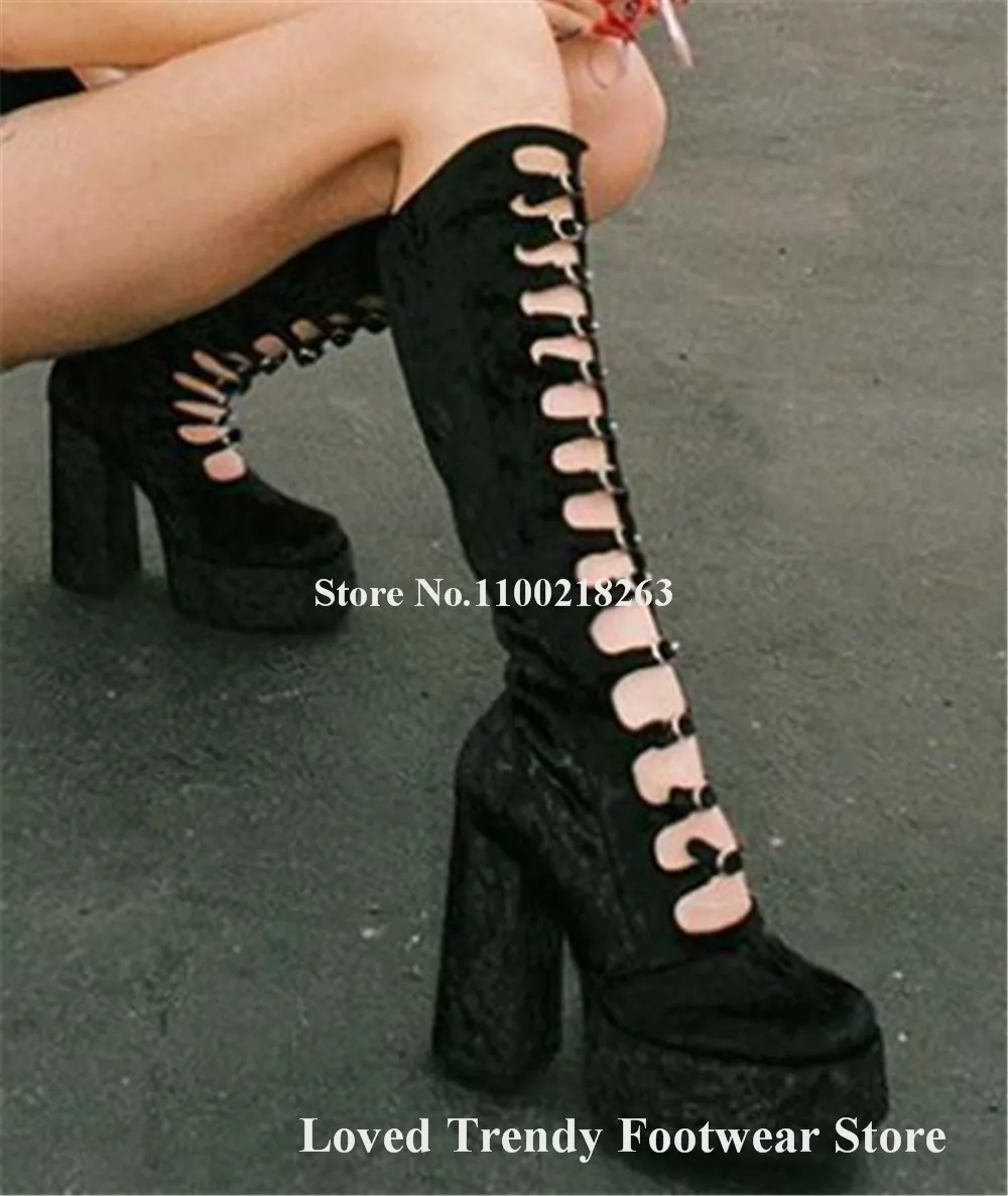 

Women Fashion Black Velvet Chunky Heel Knee High Boots Slim Round Toe Cut-out Buckles High Platform Thick Heel Long Boots