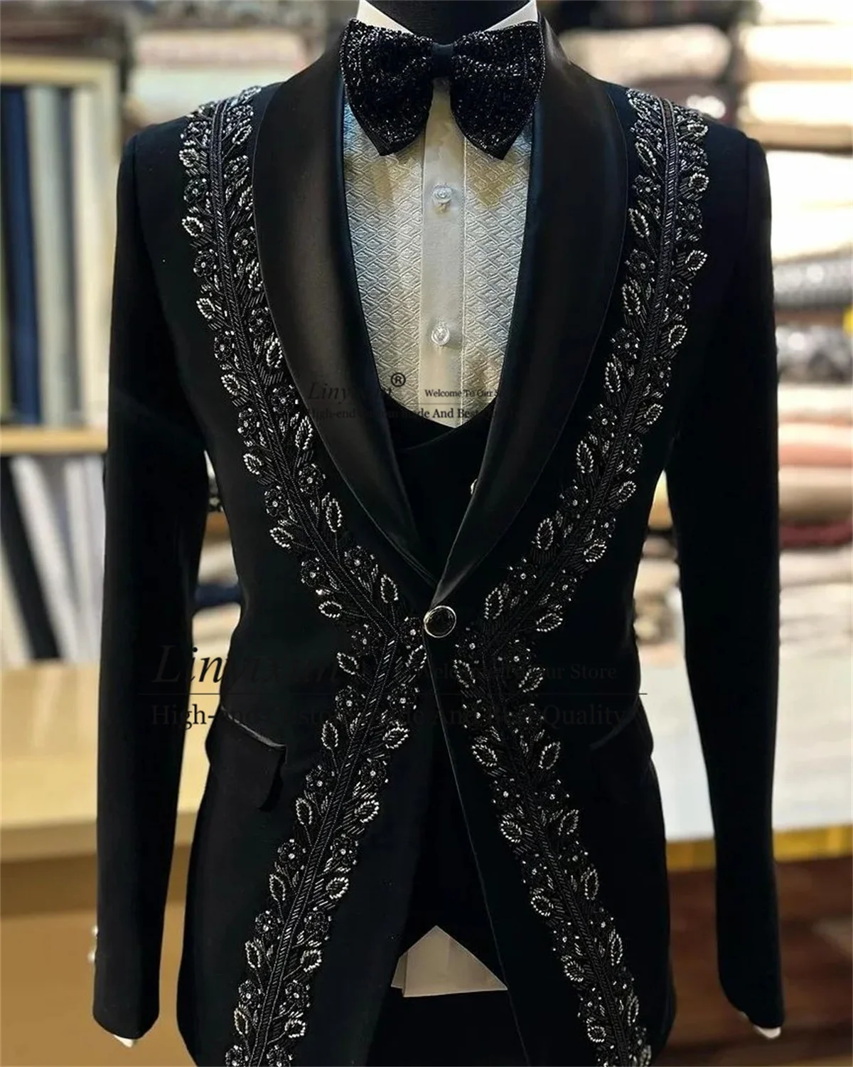 Sparkly Beaded Crystals Men Suits Black Slim Fit Wedding Groom Tuxedos 3 Pieces Sets Male Prom Blazer Terno Masculino Completo