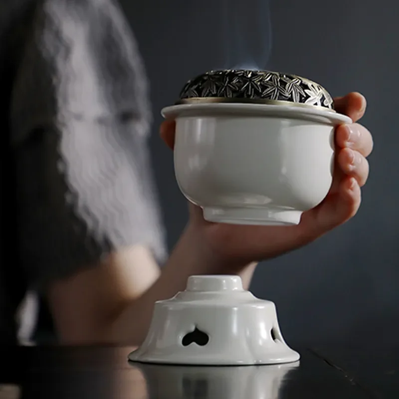 Song Style Porcelain Incense Burner Household Indoor Zen Tea Room Agarwood Pan Burner Ceramic Ornament for Tea Ceremony