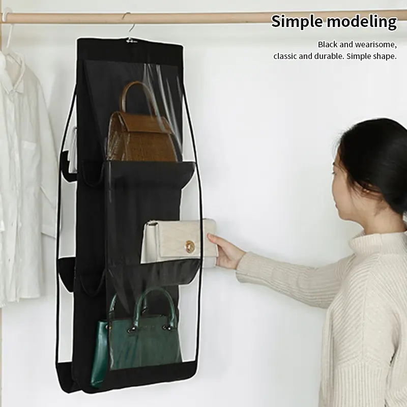 Black Handbag Hanging Organizer With 6 Pockets Foldable Oxford Cloth Handbag Storage Bag For Family Closet Bedroom