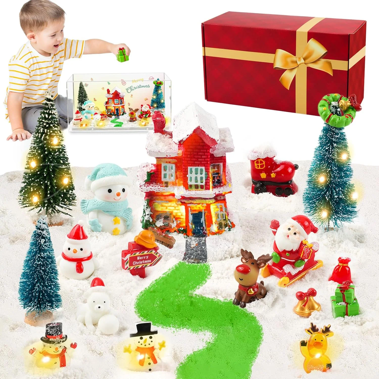 Christmas Sensory Bin Sandbox with Lid, Christmas Sand Art Play Kits Mini Snow Holiday Sensory Sand Kit Xmas Crafts Gift Decor