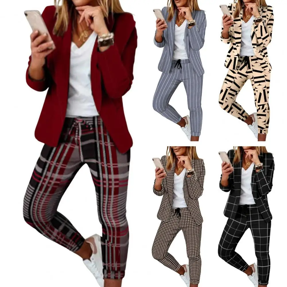 Set jaket celana panjang Slim Fit, jaket panjang Formal motif kotak-kotak elegan untuk wanita, jaket Slim Fit dengan elastis untuk dipakai