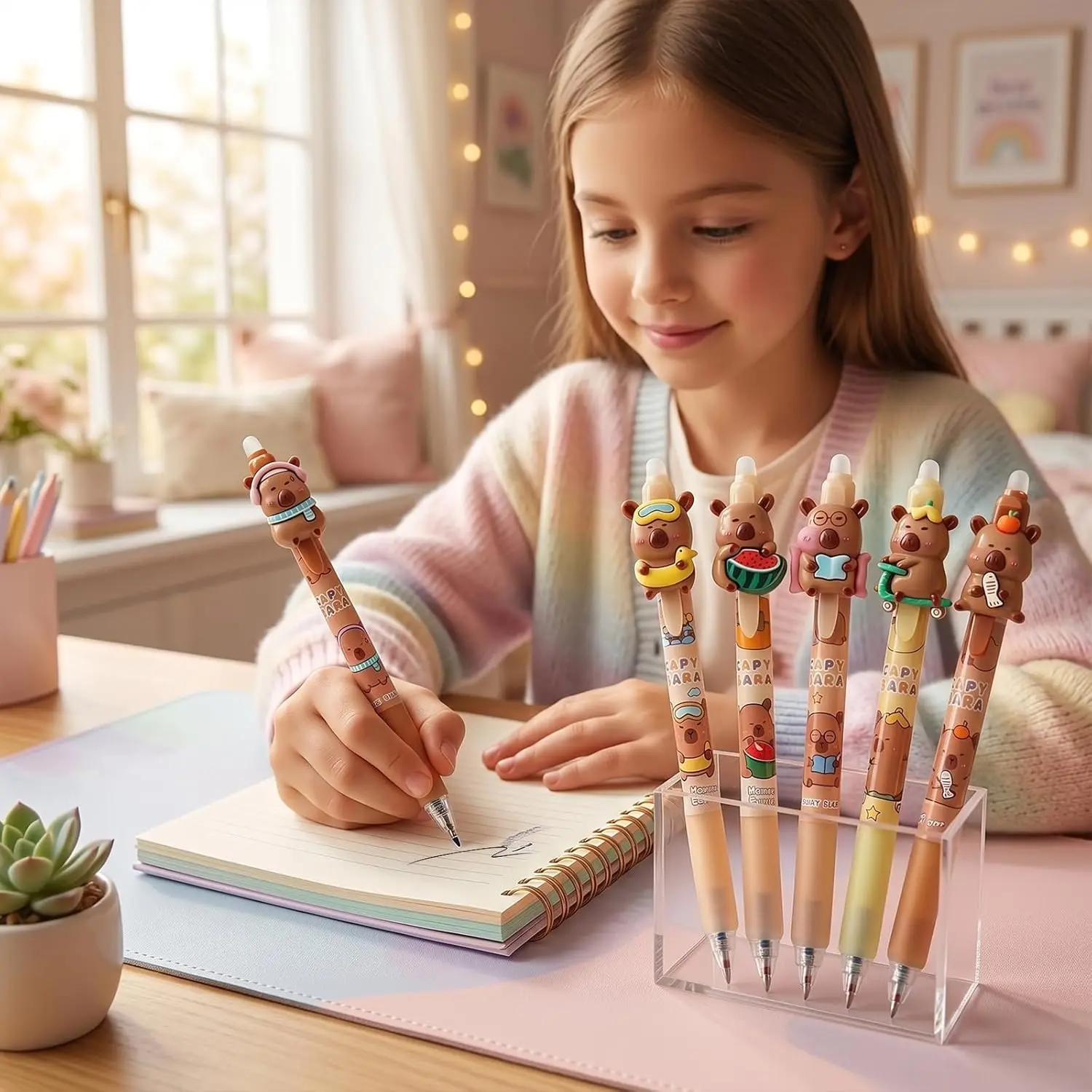 Stylos effaçables mignons en forme de capybara, pointe fine rétractable de 0,5 mm, encre noire lisse, papeterie de dessin animé kawaii pour l'école et les fournitures de bureau