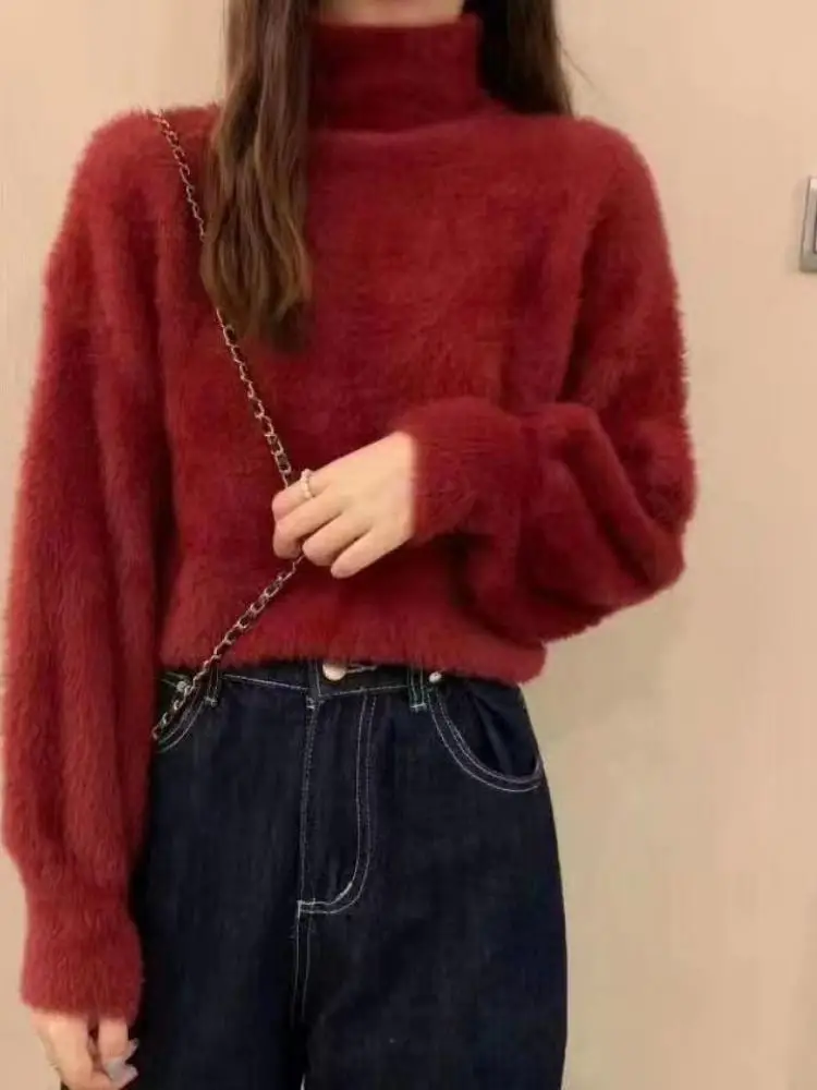 Weiche Warme Tops Winter Imitieren Nerz Wolle Heißer Fleece Weibliche Rollkragen Verdicken Elastische Casual Pullover Frauen Gestrickte Pullover