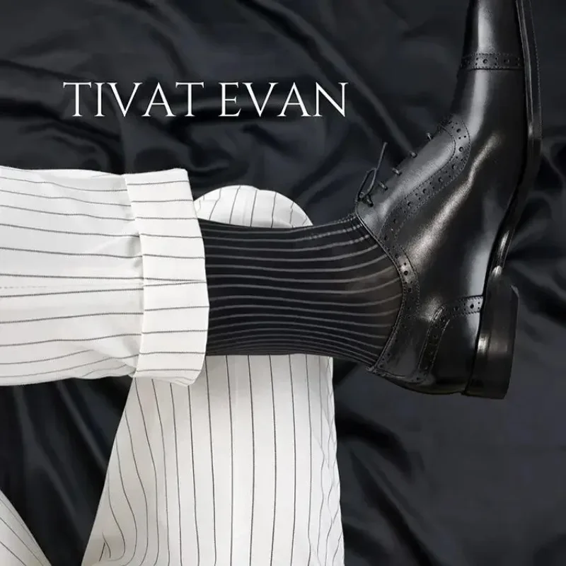 

Brand Men's Long Socks Black Gray Striped Glossy Sheer Stockings Sexy Gentleman Formal Business Dress Tube Socks Medias Hombre