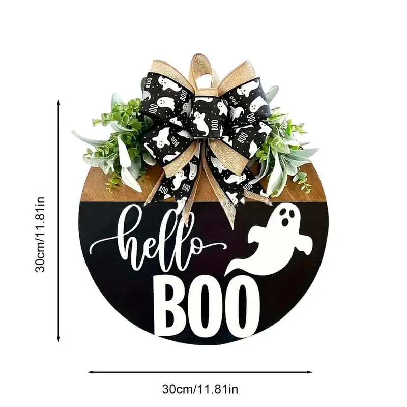 Halloween Welcome Sign of Boo Ghost, Sinal Pendurado com Arco, Grinaldas de Madeira, Decoração Pendurada para Porta da Frente, Alpendre, Decoração Assustadora