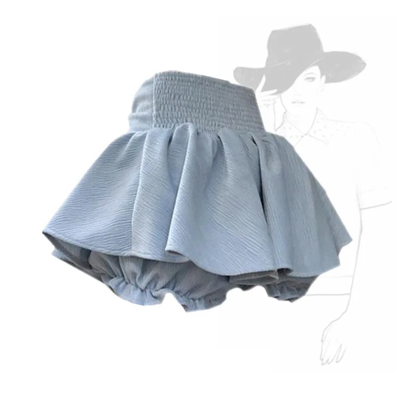 Blue Sweet Bow Short Skirt French Style Fashion Ruffle Edge Fluffy Skirt 2025 Summer New High Waisted A-line Tight Short Skirt