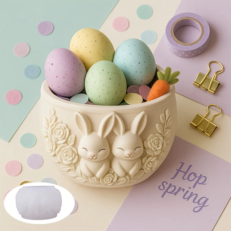 

Bunny Couple Planter Pot Silicone Mold - Thick-Wall Sturdy Round Jar with Floral Relief Design, Easy Demold