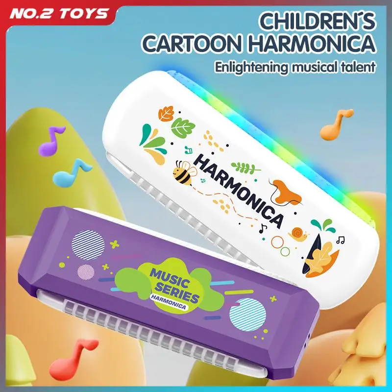 Children's Harmonica Toy with Lights 16Hole Musical Wind Instrument Harmonica for Beginners Cartoon Kid Early Learning Music Toy