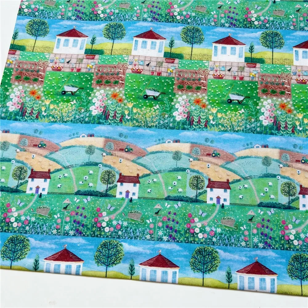 Farmyard Garden Grassland Printed Cotton Fabric Plain Mountain Village Pattern Dress Fabric Handmade DIY Table Cloth