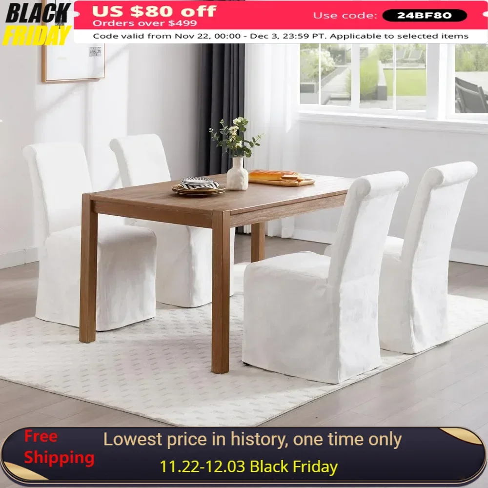 Dining Chair Set of 4 with Wood Legs, High Back Side Chairs, Removable Skirted Slipcover, Fabric Upholstered Dining Chair