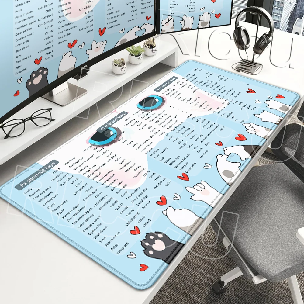 HOT White Cat Shortcut Key Mouse Pad Program Language Extended Desk Rug Cheat Sheet Office Users Anti Slip Professional Desk Mat