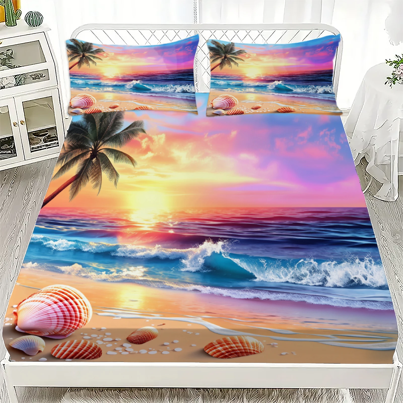 Beach Sunset Fitted Sheet Set Multicolor Tropical Ocean Waves Palm Trees Seashells Print Bedding With Pillowcases For Bedroom