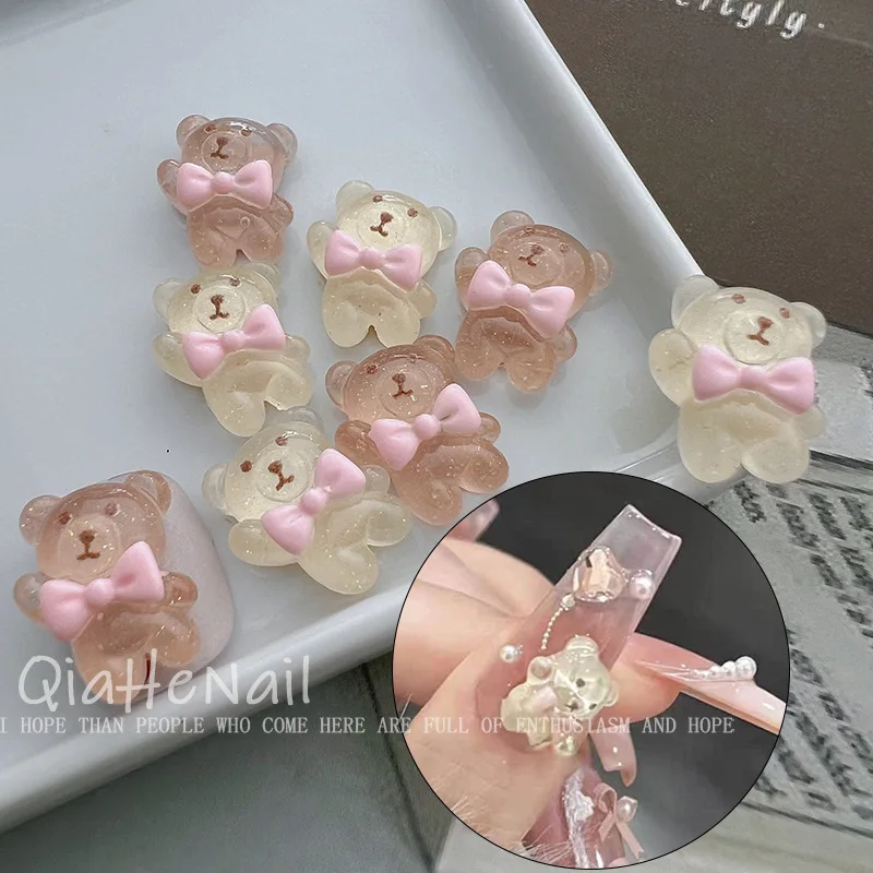 10pcs miniso Ice translucent bear bow cartoon nail charms for diy nail making kawaii cute resin nail art decoreation