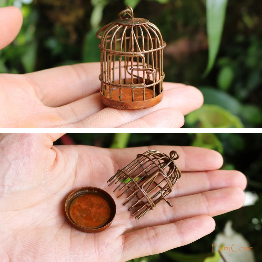 Miniature Rusty Birdcage Mini Birds Fairy Garden Animal Supplies Hanging Bird Cage Miniature Garden Metal Crafts Accessories