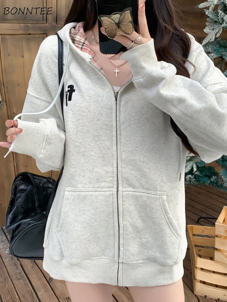 

Женские толстовки свободного кроя на молнии, универсальные панели с капюшоном, модная верхняя одежда в корейском стиле для студентов, осень-зима, повседневная Harajuku Y2k