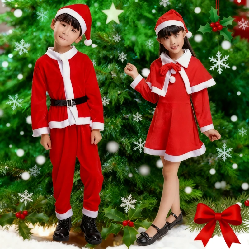 أزياء عيد الميلاد للأطفال لعام 2025، مجموعة أزياء تنكرية للأولاد والبنات سانتا كلوز، أزياء عصرية حمراء كلاسيكية #1
