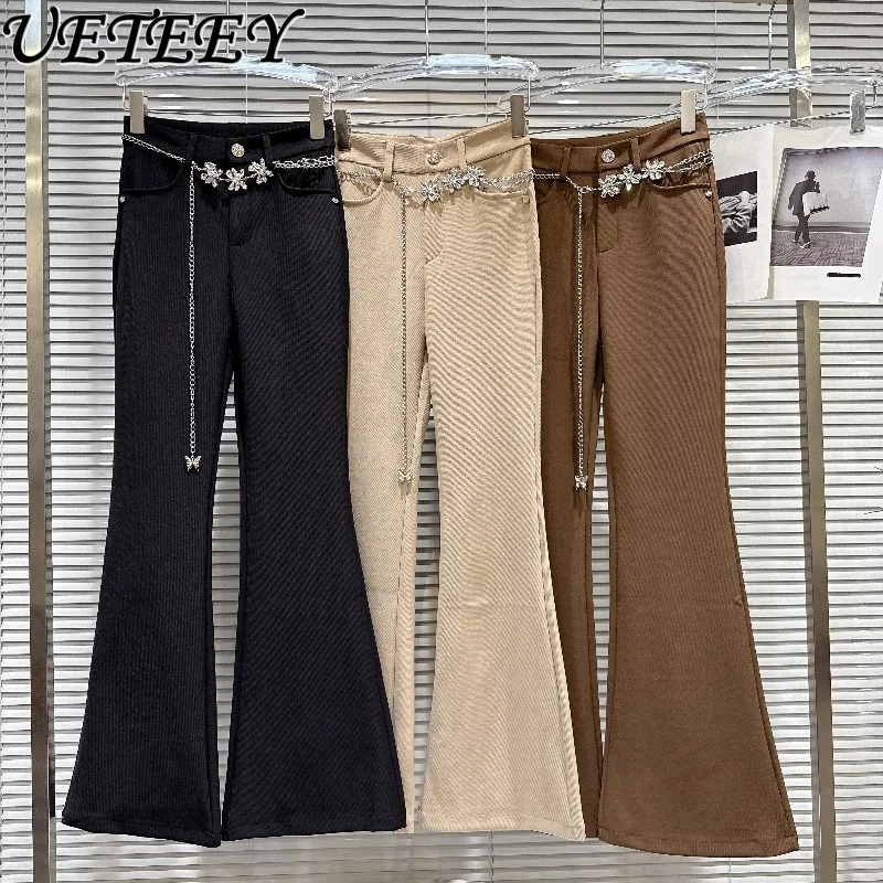 

Весна и осень, новый стиль, элегантные брюки с металлической цепочкой и стразами, облегающие расклешенные повседневные длинные брюки с высокой талией