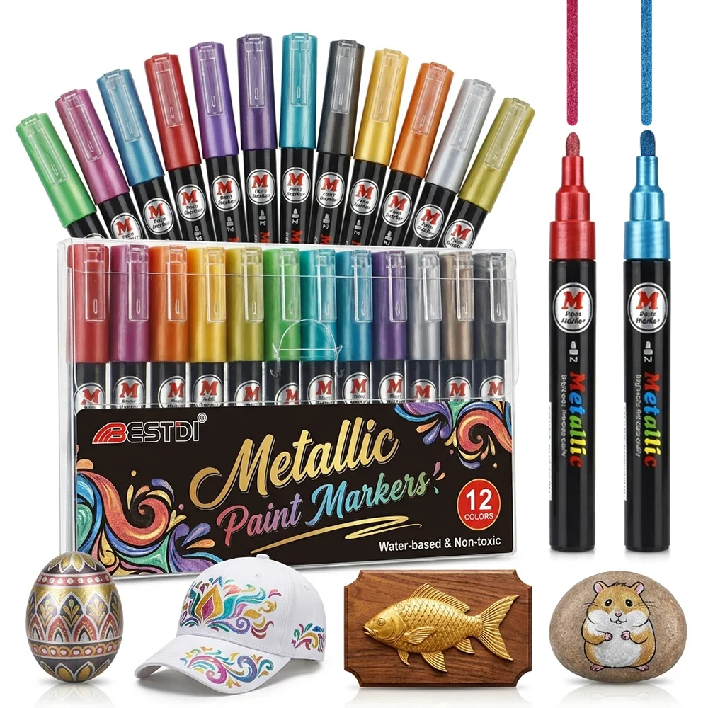 12 Farben Metallic-Glanz-Marker-Set für DIY-Bastelarbeiten, Metalle, Glas, Modellierung, Kunst, Design, Glitzerstift, Malutensilien für Zuhause und Schule