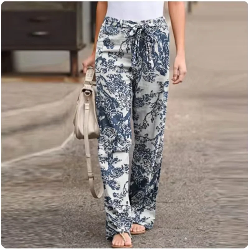 Women\'s Vintage Casual Printed Art Pants Pocket Strap Straight Leg Loose Comfortable Pants