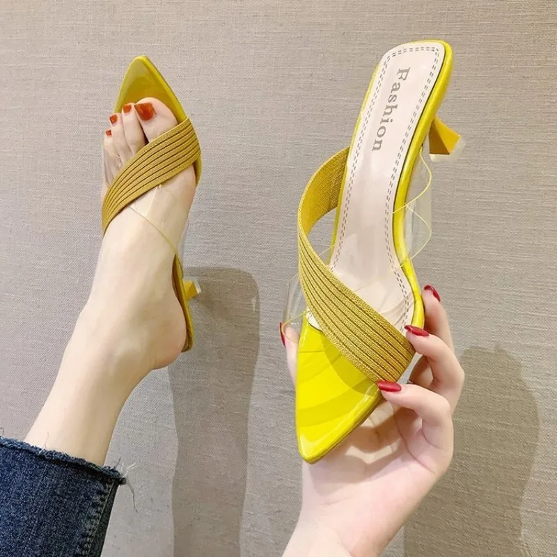 Summer Women Yellow Green Beige Pumps Sandals For Ladies Sexy Mules High Heels Slip-on Slippers Slides Shoes New 2024