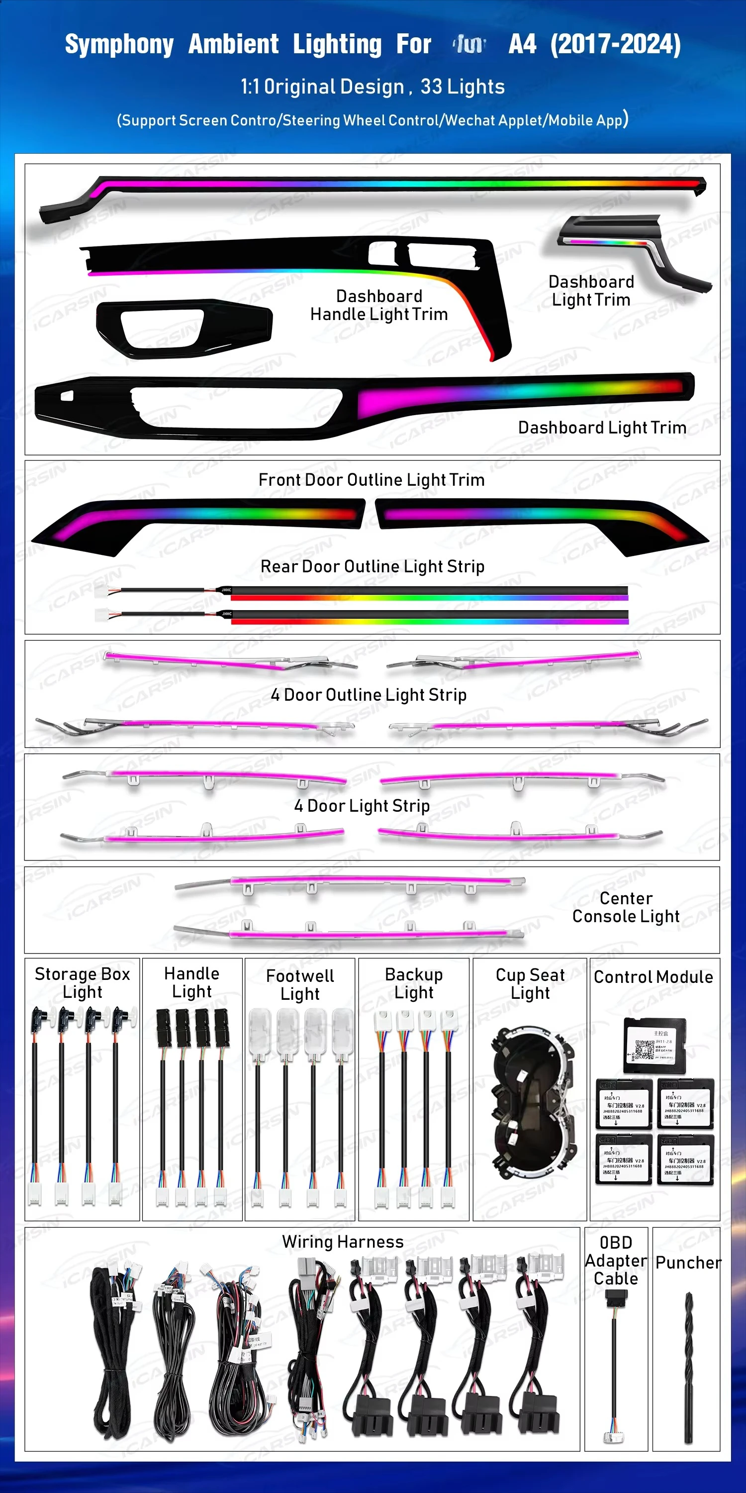 Upgrade 256 Colors Symphony Led Car Interior Ambient Light Decoration for A4 B9 2017-2024 Dashboard Trim Accessories