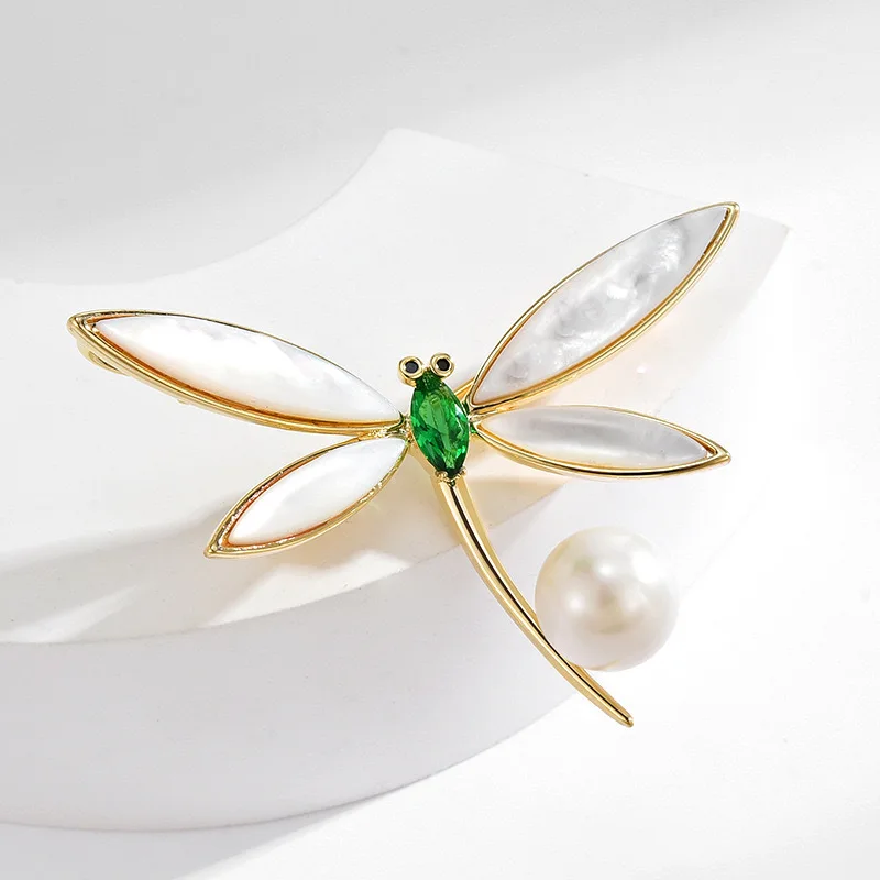 Elegant Green Crystal Dragonfly Brooch For Women Pearl Corsage Enamel Pin Fashion Party Jewelry Accessories Gifts