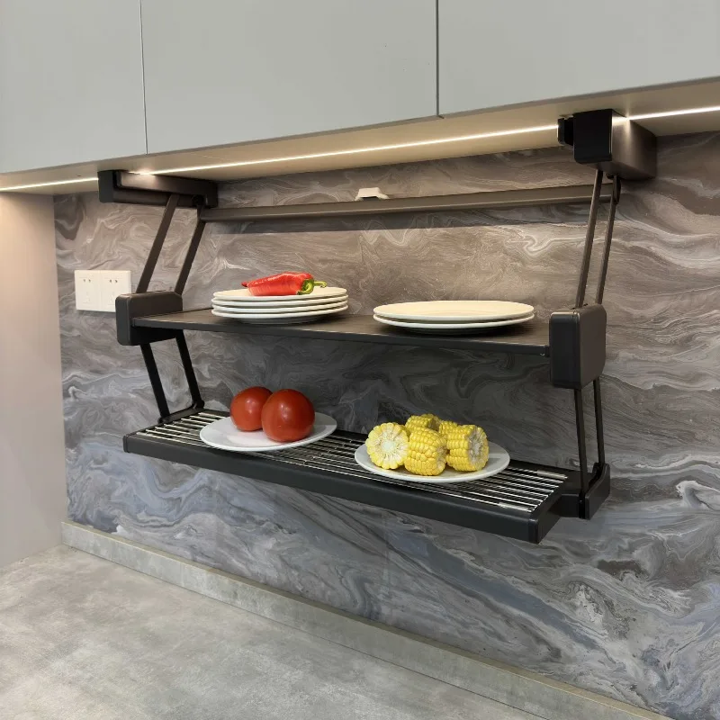 Double Layer Wall Mounted Folding Lift Storage Rack Retractable Kitchen Organizer for Seasoning Plate Dish Storage