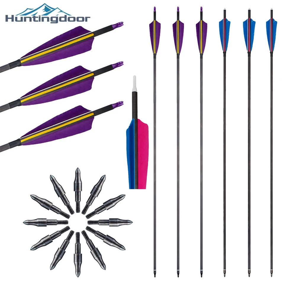 

Archery 32.5inch Pure Carbon Arrow ID6.2mm Spine400 Changeable Arrowheads Real Feather for Recurve/Compound Bow Shooting Hunting