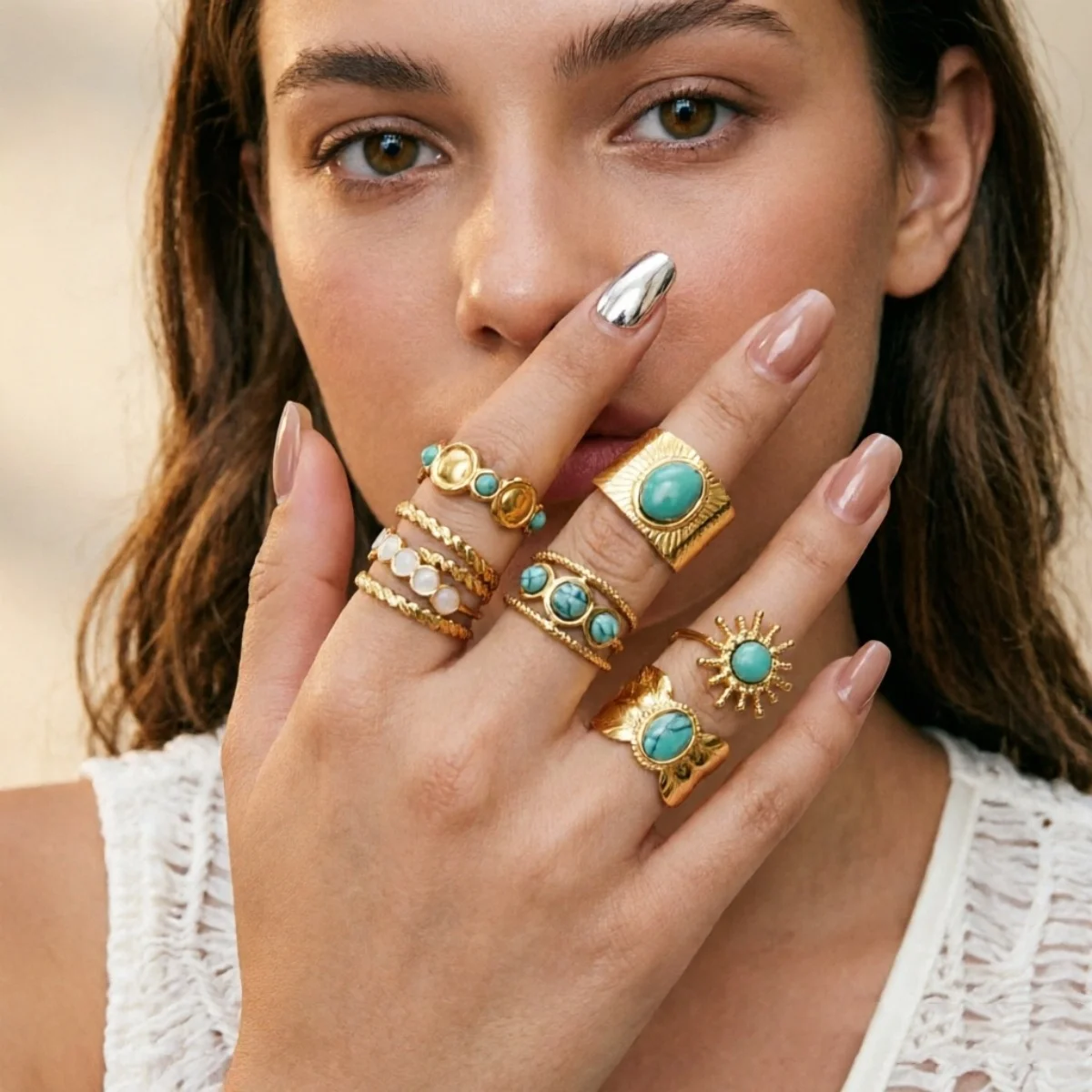 Edelstahl Blau Naturstein Geometrische Fingerringe für Damen und Herren Französischer Vintage Sonnenblumen-Blatt Runder Ovaler Ring Schmuck – Detail 13