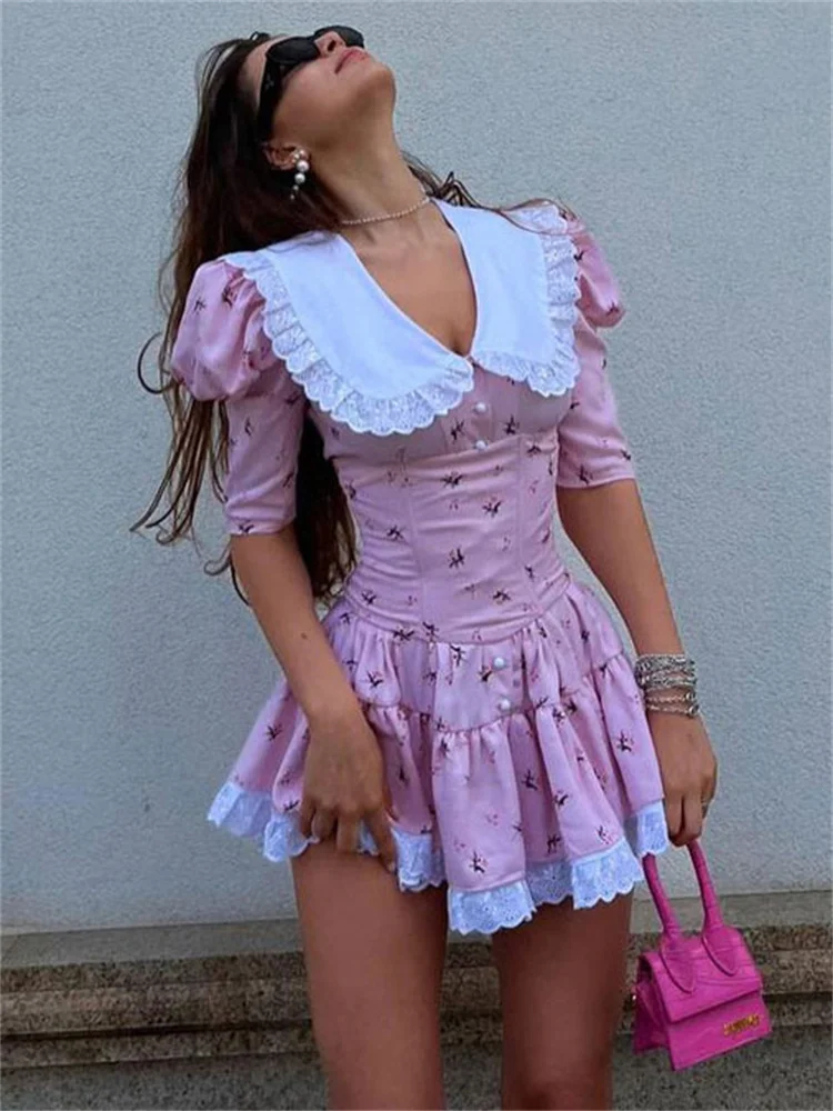 Tossy Summer Printed Patchwork Mini Dress Female V-Neck Short Sleeve Slim Fashion Elegant Party Dress Gown For Women Dress 2023