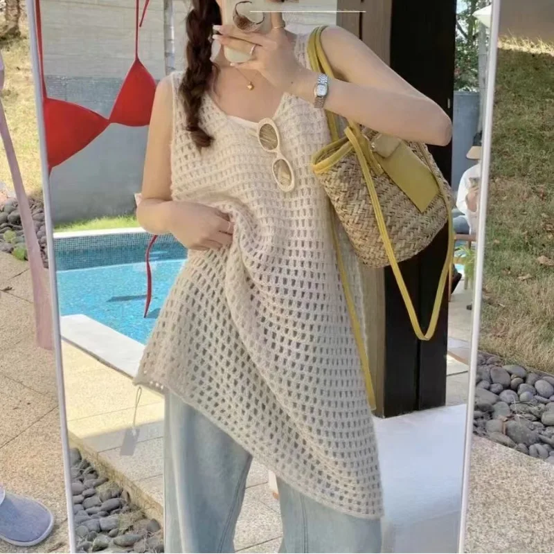 

Women's Pullover Summer Hollow Out V-Neck Solid Sweater Hole Office Lady Knitted Casual Loose T-shirt Midi Sweet Vintage Tops