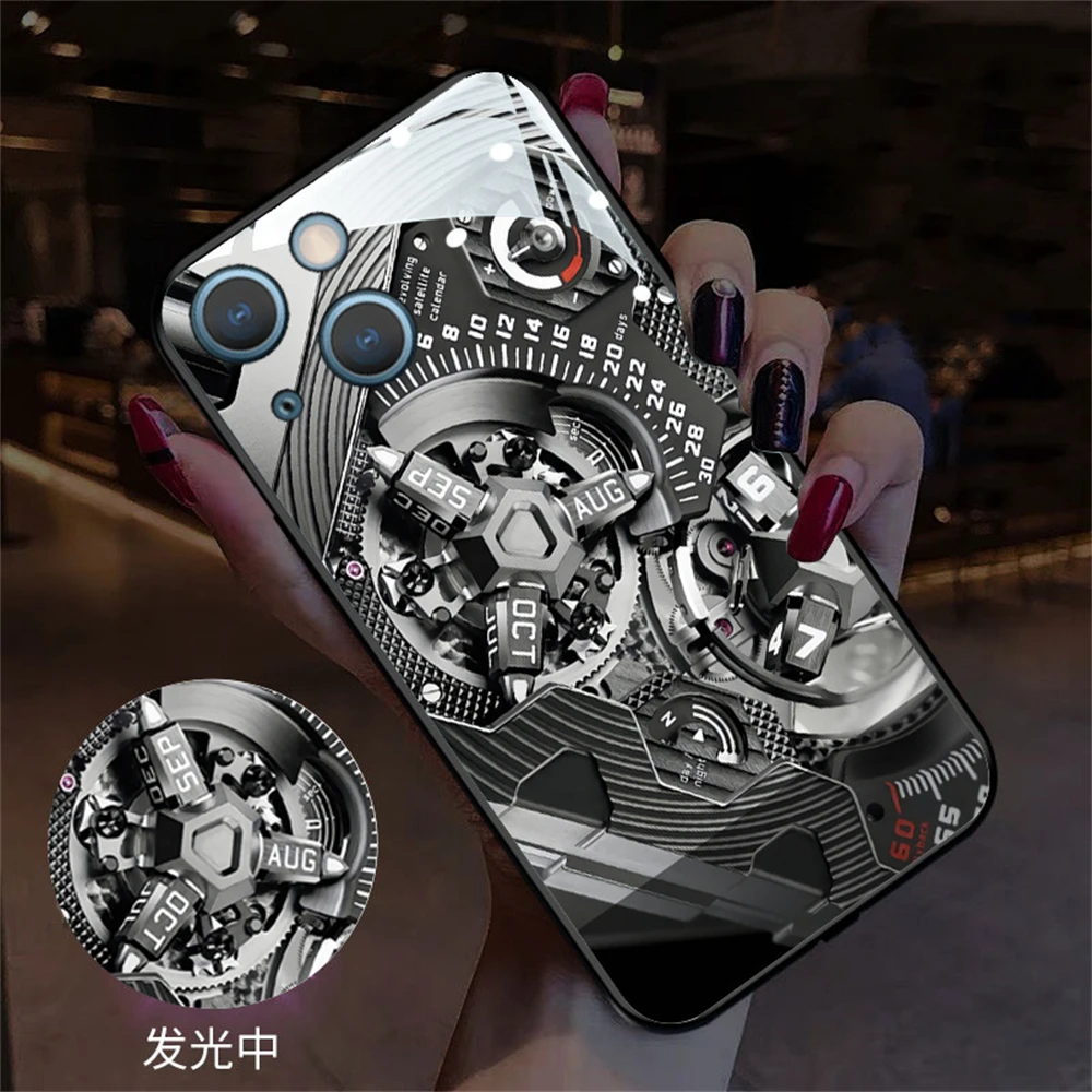 Luxury Watch Structure Pattern LED Light Glowing Luminous Phone Case For iPhone 16 15 14 13 12 11 Pro Max XR XS Plus SE2020