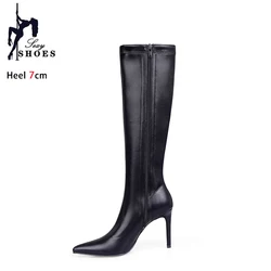 Moda stivali a punta donna 7CM 9CM cerniera laterale primavera autunno scarpe in pelle nera tacchi alti a spillo stivali lunghi da donna Femme