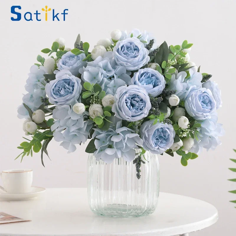 Blue Silk Bouquets Artificial Forest Hydrangea Peony Bud Wedding Bride Hand Bouquet Home Garden Desktop Flower Arrangement Decor