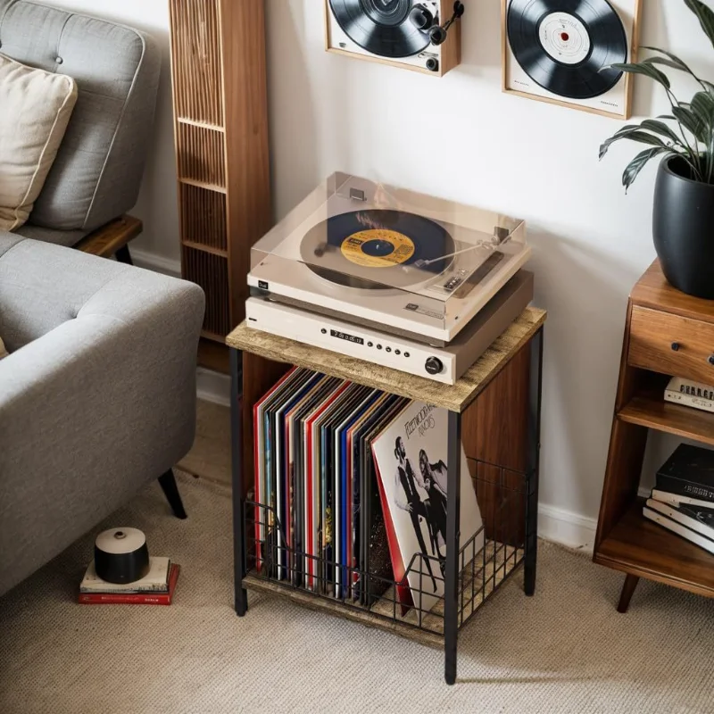 Iron & Wood Record Player Stand Retro Industrial Furniture Living Room Multi-Functional Bedside Table